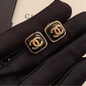 Cha*nel Chic Gold and Black Logo Earrings